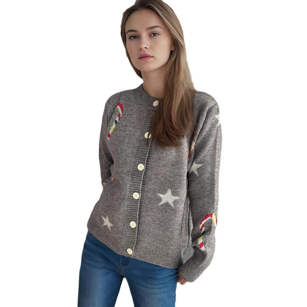 Women's Cardigan with Festive Motif and Decorative Buttons R&B