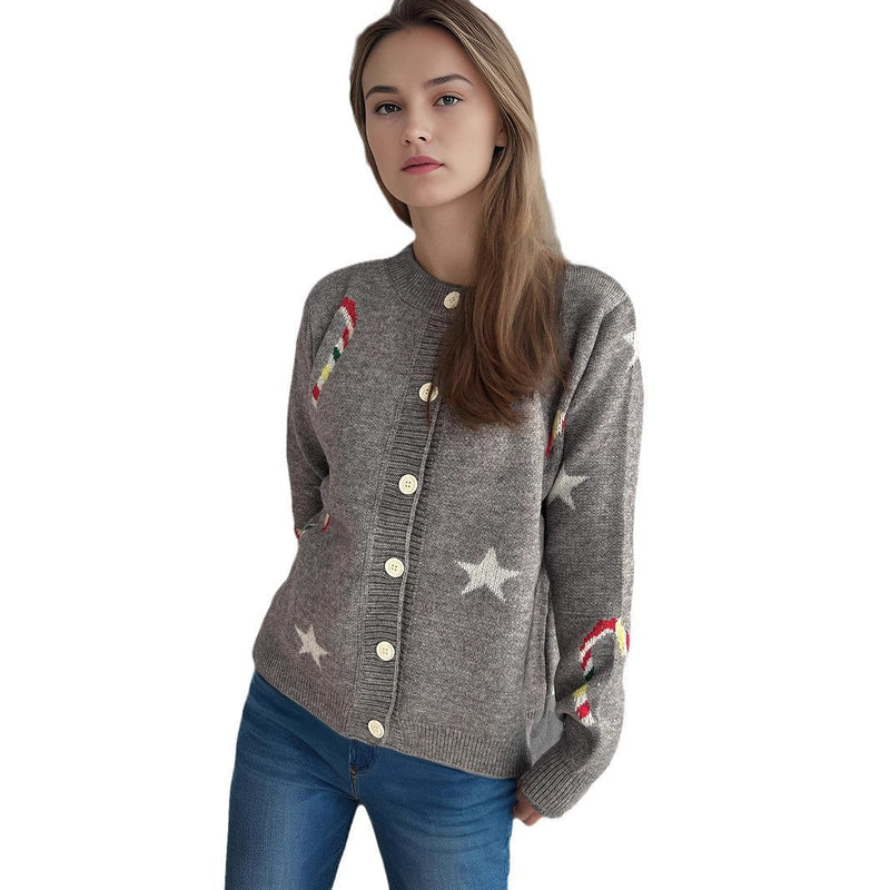 Women's Cardigan with Festive Motif and Decorative Buttons R&B