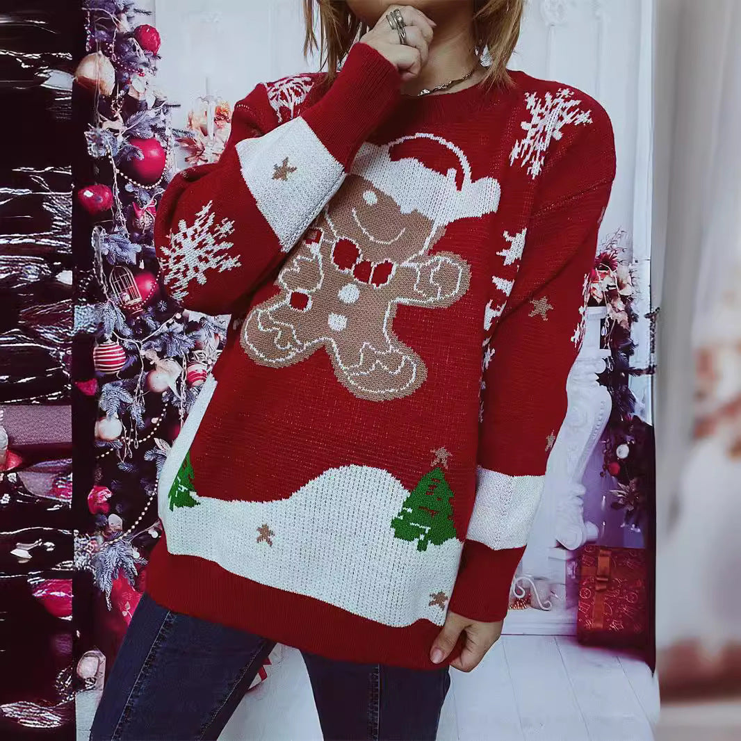 Women's Christmas Sweater with Gingerbread Motif and Crew Neck R&B