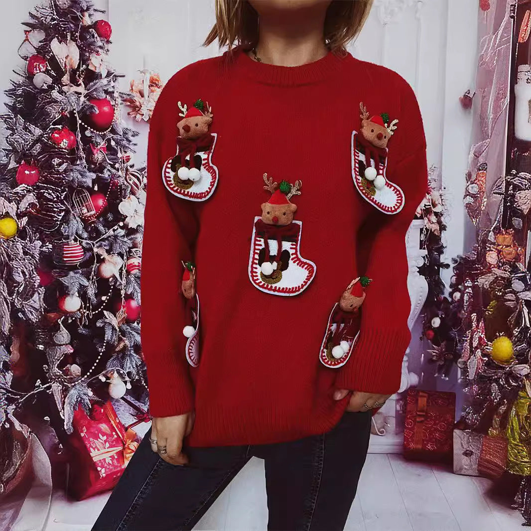 Women's Christmas Knit Sweater with Festive Reindeer Motif and 3D Details
