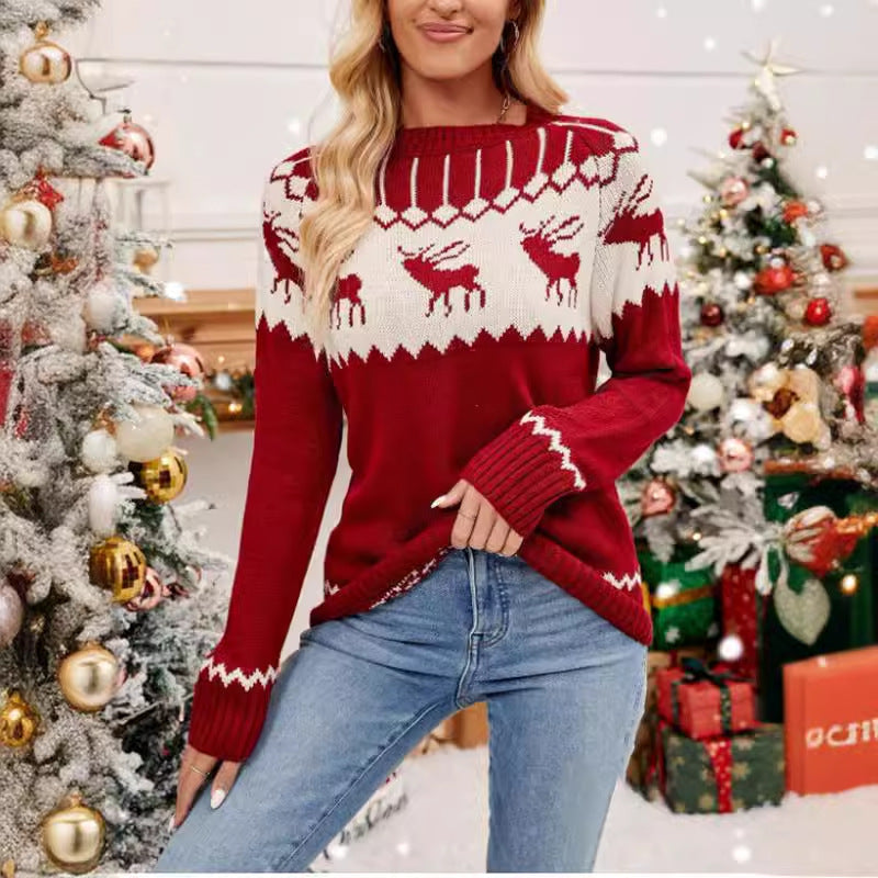 Women's Festive Knit Sweater with a Classic Reindeer Motif