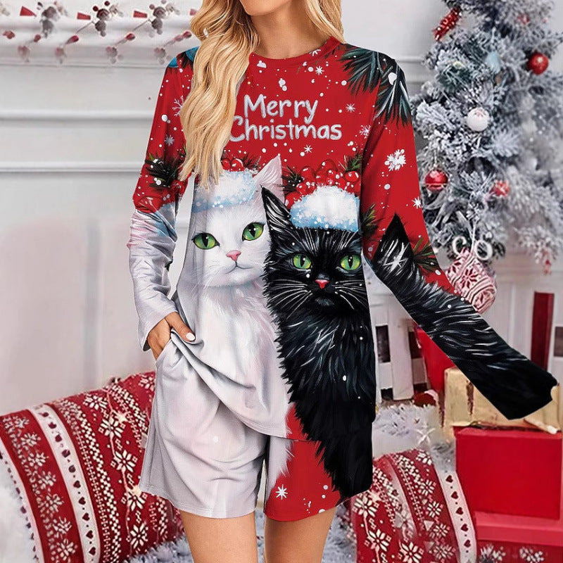 Women's Funny Christmas Pajama Set with Cat Motif R&B
