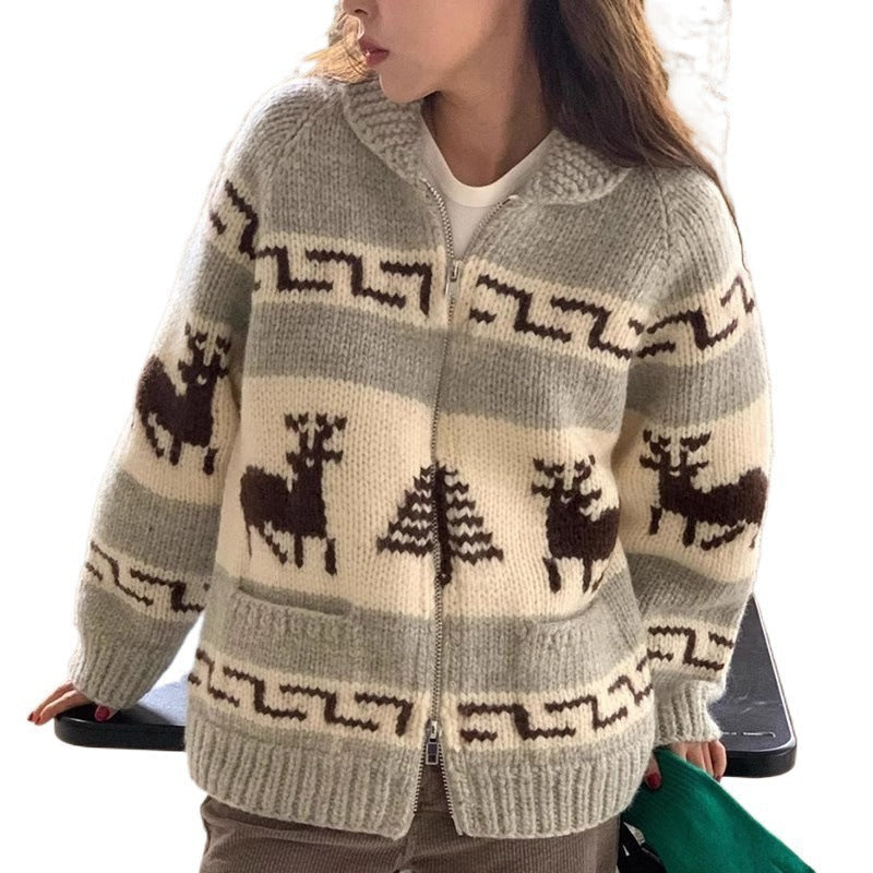 Women's Cozy Zip Cardigan with Festive Motif R&B