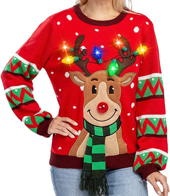 Women's Christmas Knit Sweater with Reindeer Appliqué, Built-In Fairy Lights and 3D Pom-Pom Nose