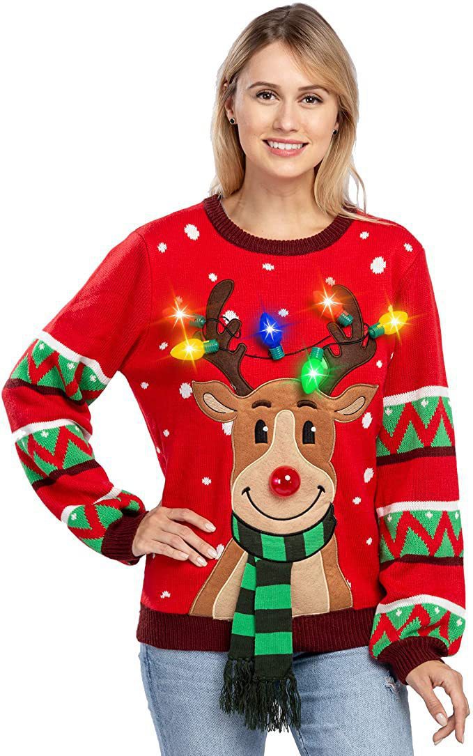 Women's Christmas Knit Sweater with Reindeer Appliqué, Built-In Fairy Lights and 3D Pom-Pom Nose