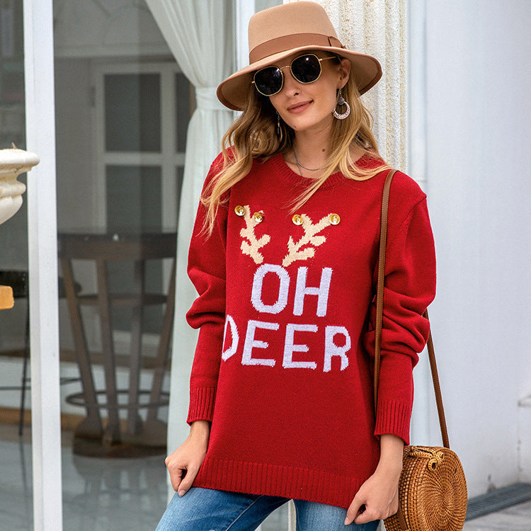 Women's Oversized Knit Sweater with Festive Motif R&B