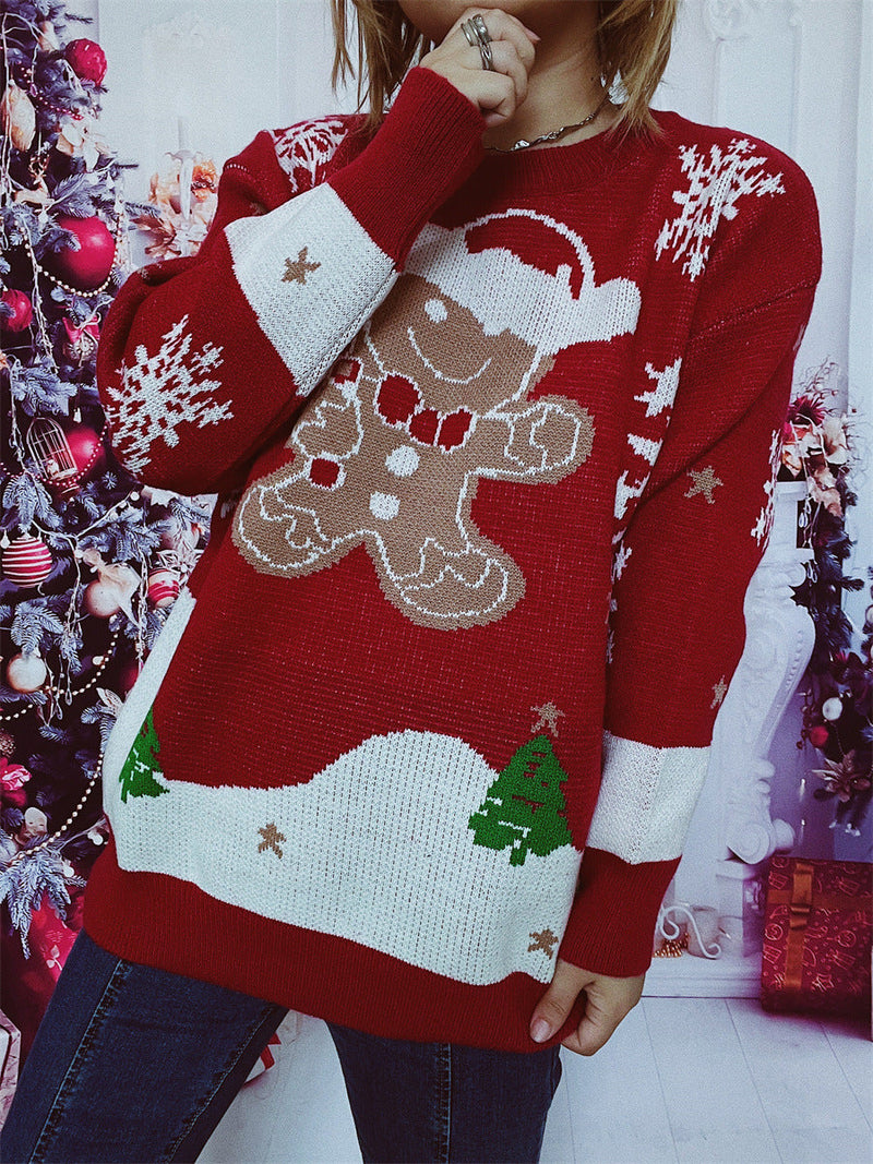 Women's Christmas Sweater with Gingerbread Motif and Crew Neck R&B