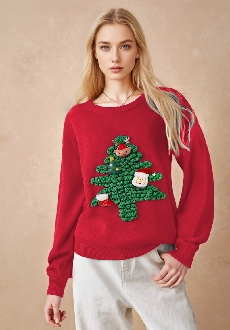 Women's Christmas Sweater with 3D Fir Tree Design