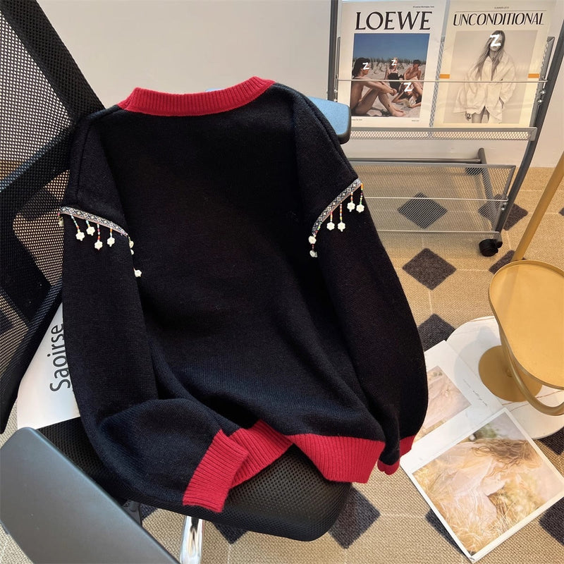 Women's Festive Knit Sweater with Fir Tree Motif and Playful Accents R&B
