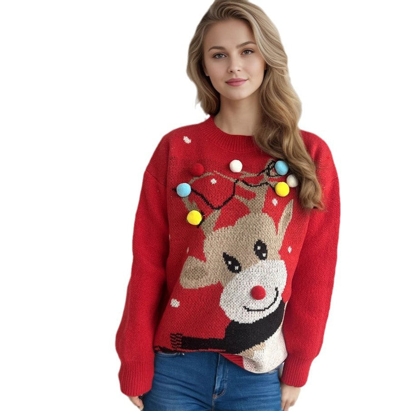 Women's Christmas Sweater with Unique Reindeer Motif and Colorful Appliqués