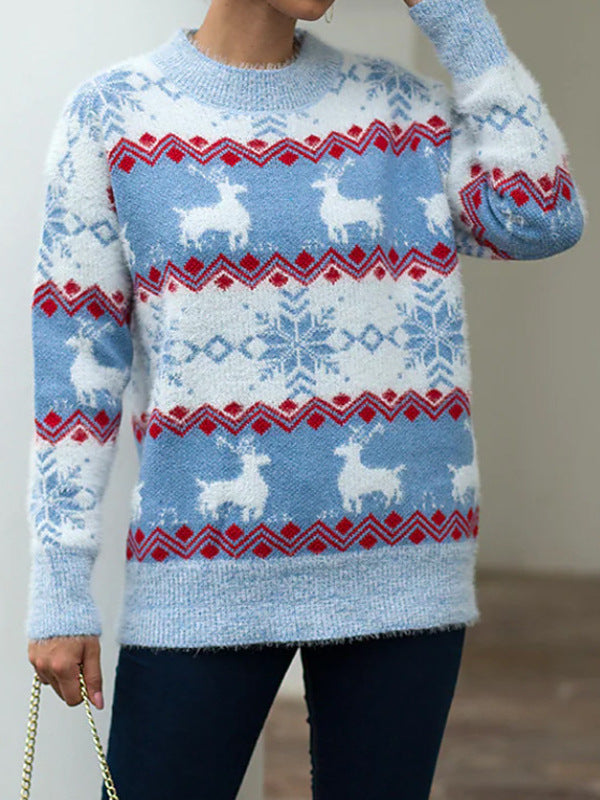 Women's Knit Sweater with Festive Reindeer and Snowflake Motif