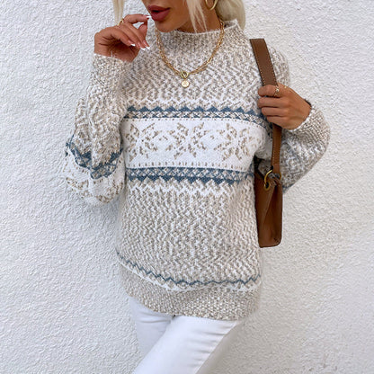 Women's Cozy Oversized Sweater with Christmas Motif and High Collar