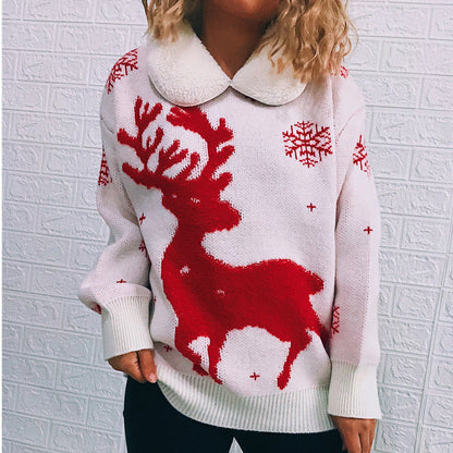 Women's Christmas Sweater with Festive Reindeer Motif and Soft Collar