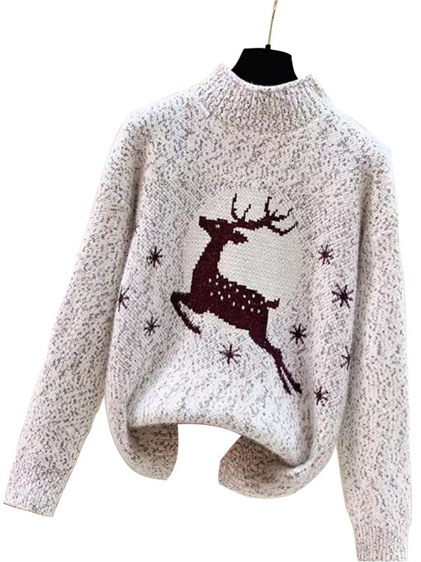 Women's Cozy Christmas Sweater with High Collar and Festive Reindeer Motif