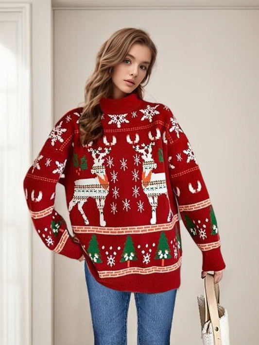 Women's Christmas Sweater with Festive Reindeer Motif and Cozy Cut