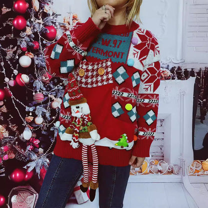 Women's Festive Sweater with Wintry Snowman Motif and Decorative Details R&B