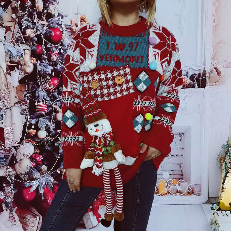 Women's Festive Sweater with Wintry Snowman Motif and Decorative Details