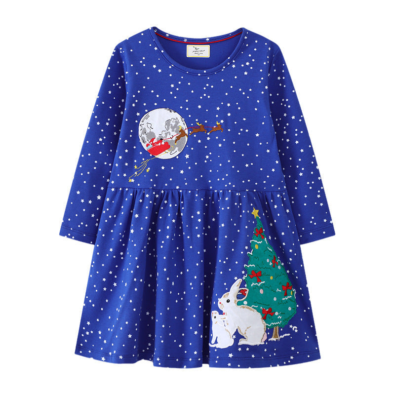 Girls' Long-Sleeve Dress with Christmas Motif