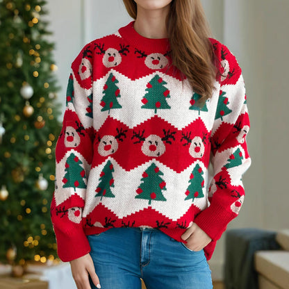 Women's Christmas Sweater with Festive Reindeer and Christmas Tree Motif