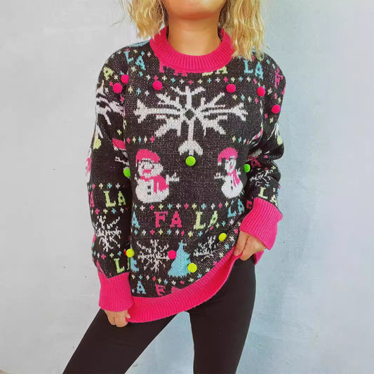 Women's Christmas Sweater with Colorful Appliqués and Festive Design