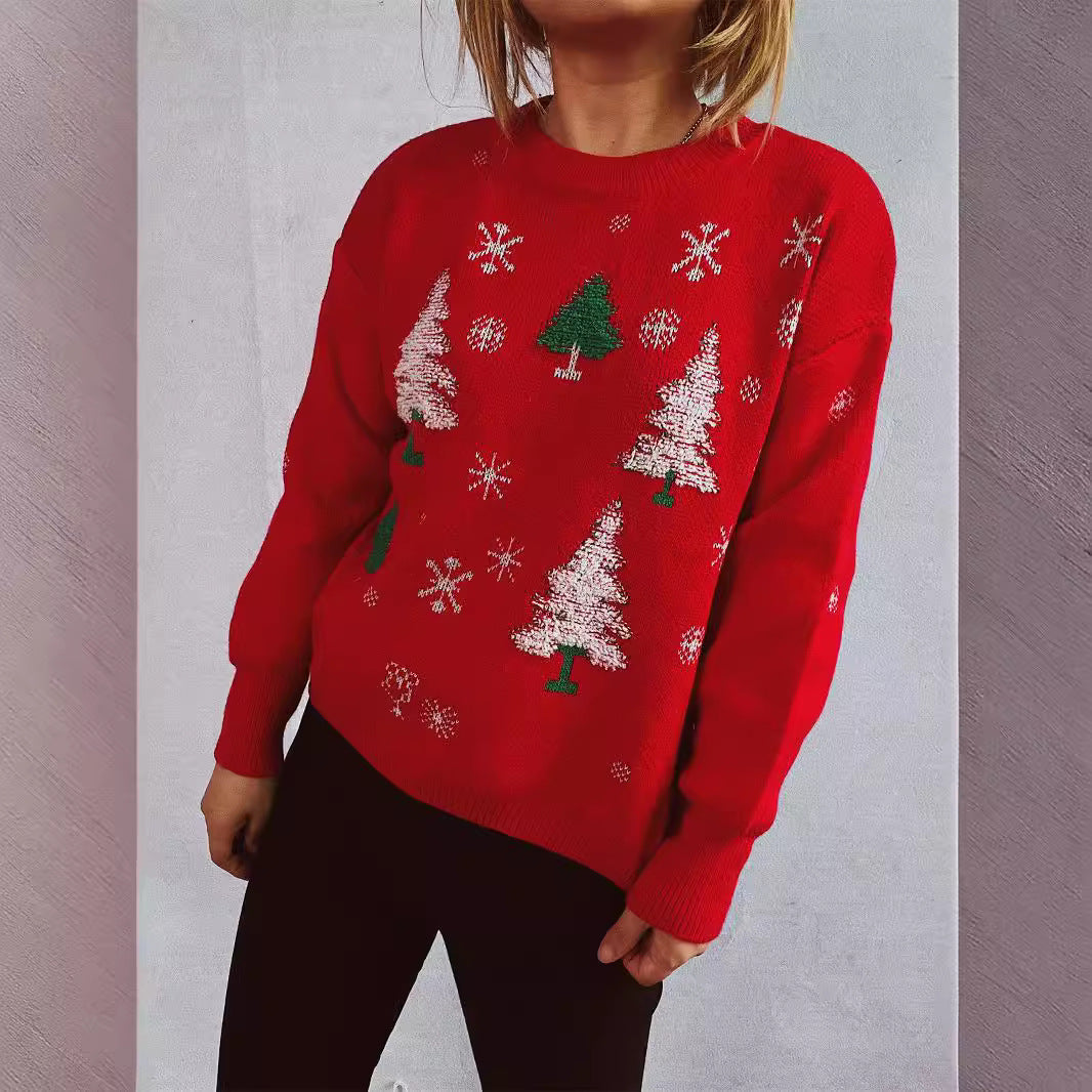 Women's Christmas Sweater with Festive Tree Design and Fluffy Material