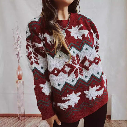 Women's Festive Knit Sweater with Christmas Design and High Collar
