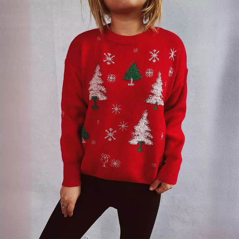 Women's Christmas Sweater with Festive Tree Design and Fluffy Material