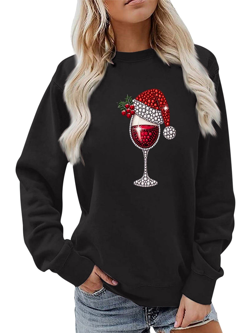 Women's Sweatshirt with Soft Lining and Festive Wine Motif