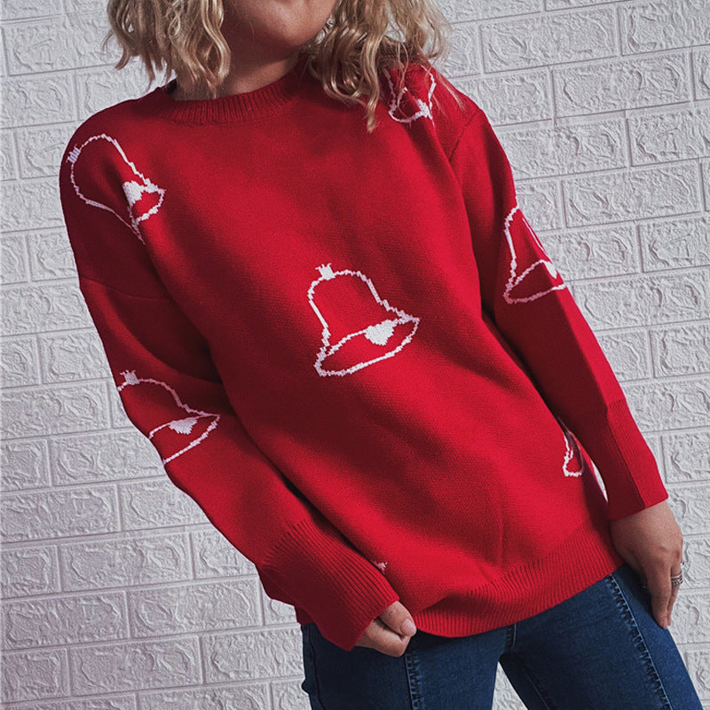Women's Festive Sweater with Cheerful Bell Motif and Casual Cut R&B