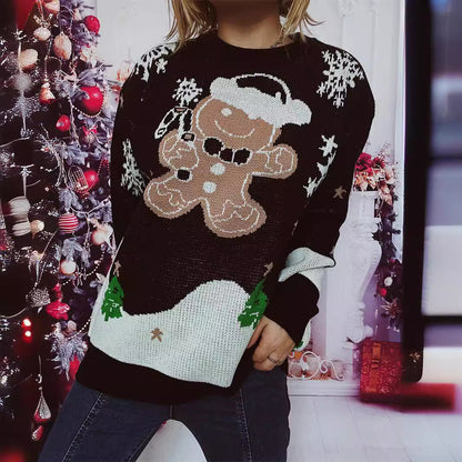 Women's Christmas Sweater with Gingerbread Motif and Crew Neck R&B