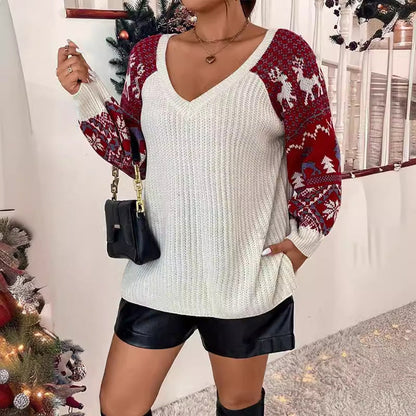 Women's V-Neck Knit Sweater with Festive Pattern and Casual Balloon Sleeves
