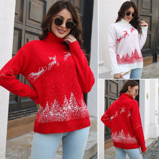 Women's Cozy Christmas Sweater with High Collar and Festive Motif R&B