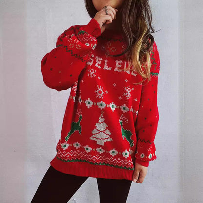 Women's Christmas Sweater with Festive Motif and Crew Neck