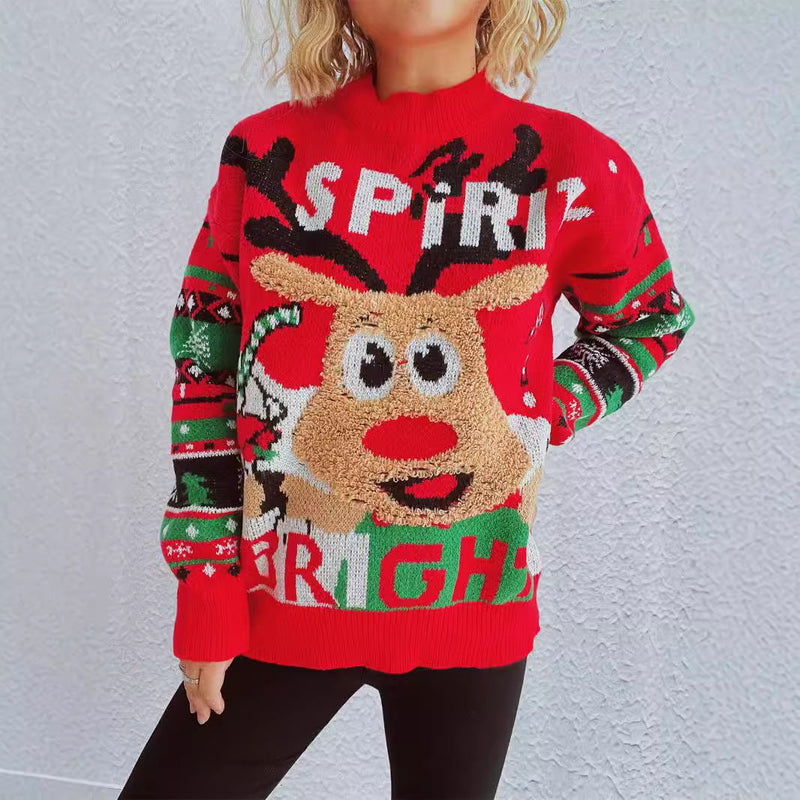 Women's Festive Sweater with Christmas Reindeer Design and Vibrant Colors