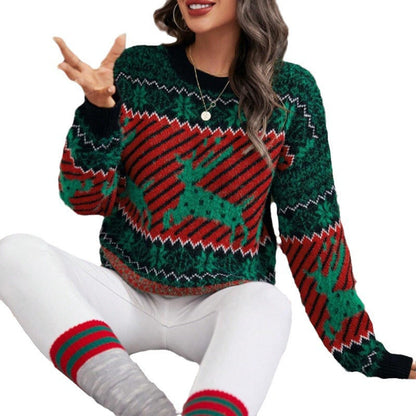 Women's Festive Christmas Knit Sweater with Animal Print Pattern and Casual Cut