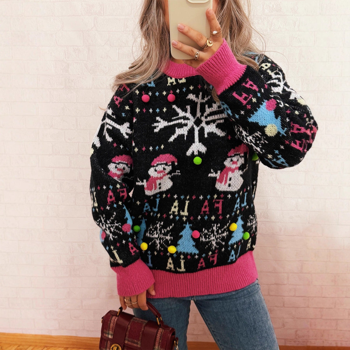 Women's Festive Sweater with Colorful Christmas Motifs and Playful Details