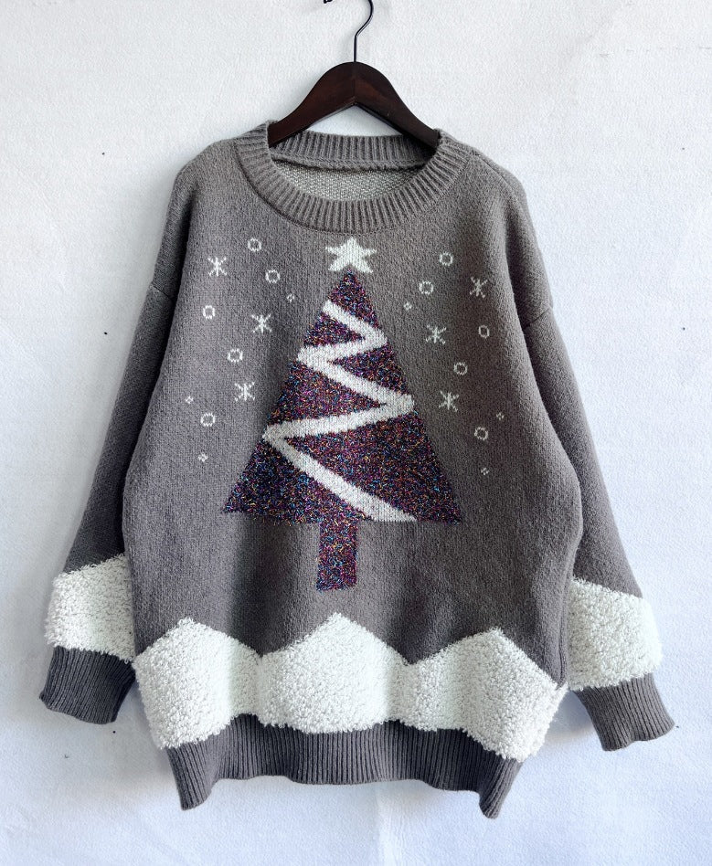Women's Christmas Sweater with Glittering Tree Motif and Cozy Texture R&B