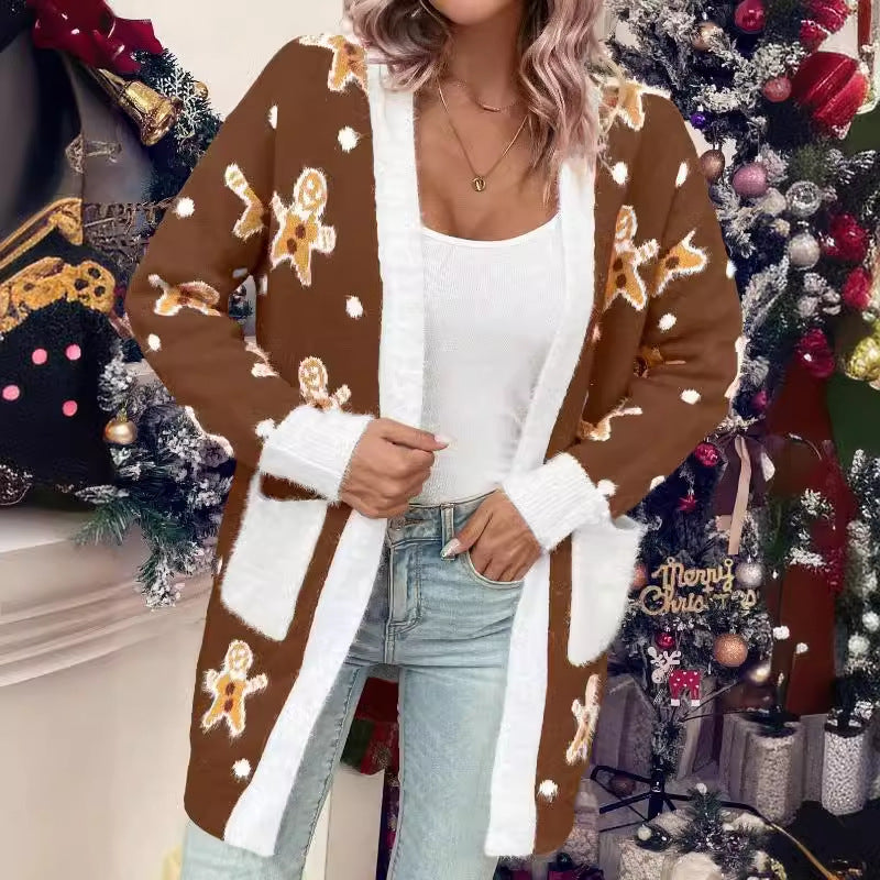 Women's Christmas Cardigan with Festive Gingerbread Motif and Practical Pockets