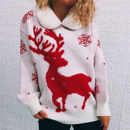 Women's Christmas Sweater with Festive Reindeer Motif and Soft Collar