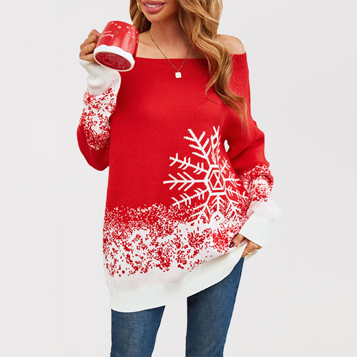 Women's Christmas Knit Sweater with Casual Cut and Snowflake Motif