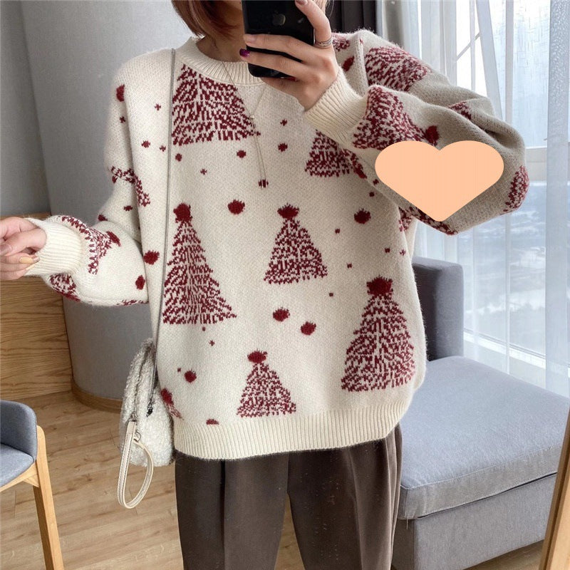 Women's Cozy Sweater with Christmas Tree Pattern