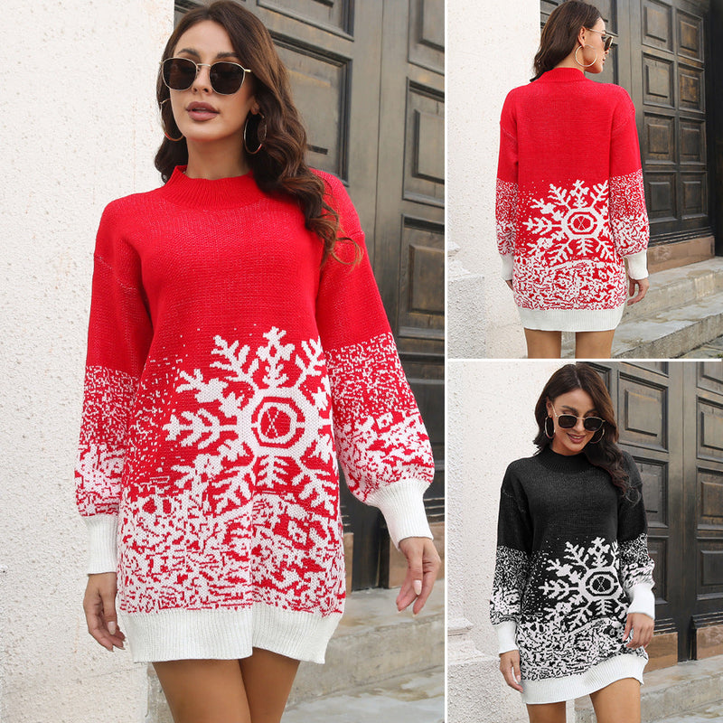 Women's Christmas Knit Dress with Festive Snowflake Pattern R&B