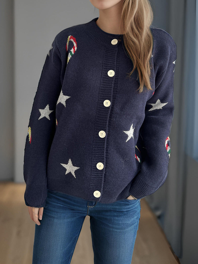 Women's Cardigan with Festive Motif and Decorative Buttons R&B