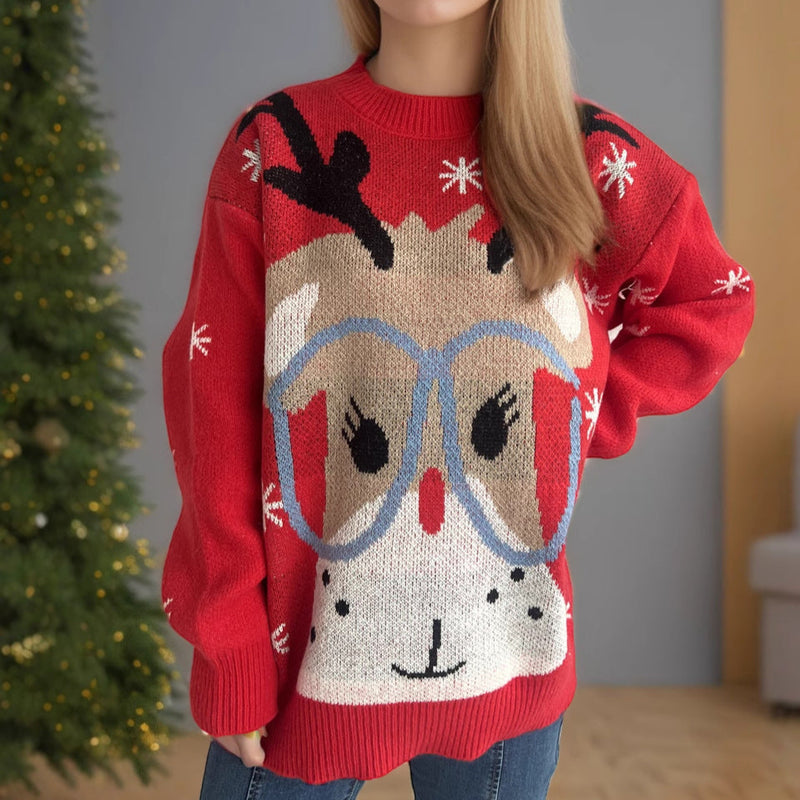 Women's Festive Sweater with Christmas Reindeer Motif and Relaxed Fit