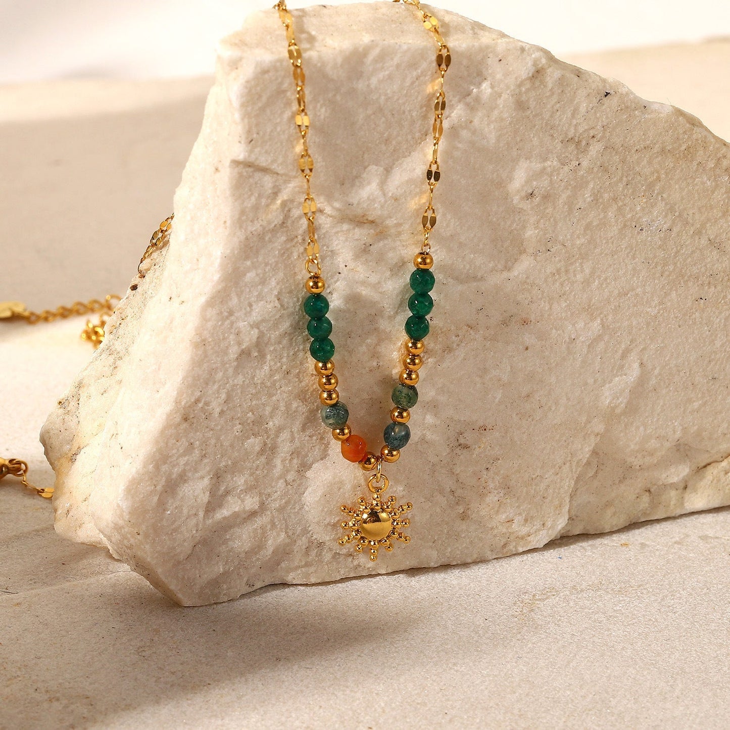 Sun Charm Beaded Gemstone Necklace