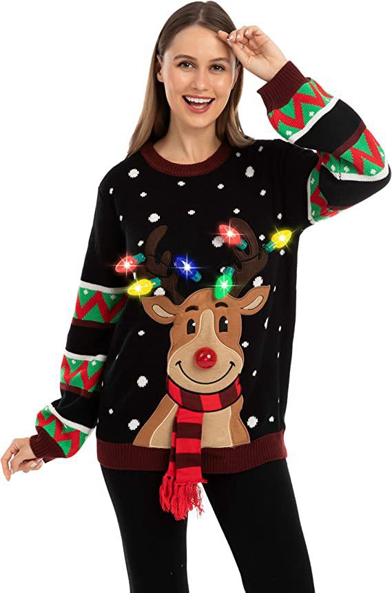 Women's Christmas Knit Sweater with Reindeer Appliqué, Built-In Fairy Lights and 3D Pom-Pom Nose R&B