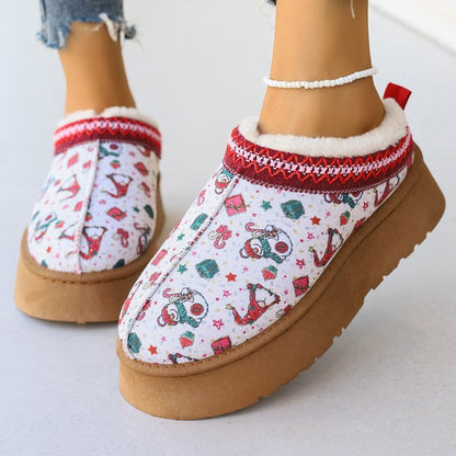 Women's Lined Platform Slippers with Christmas Print and Faux Fur Collar