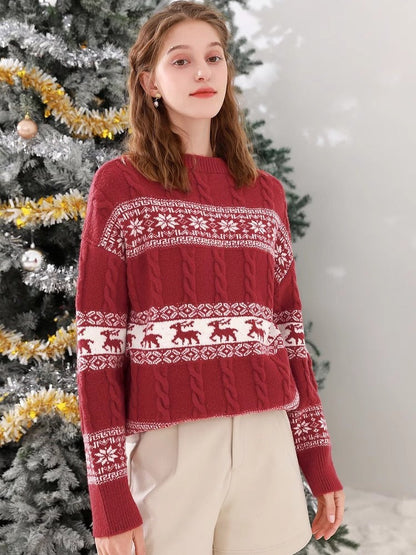 Women's Knit Crew Neck Sweater with Festive Pattern