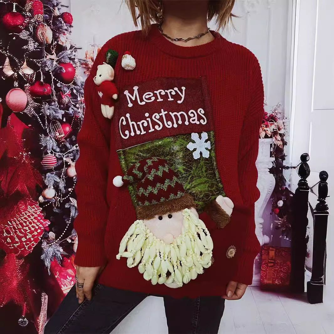 Women's Christmas Sweater with Festive Design and 3D Appliqués