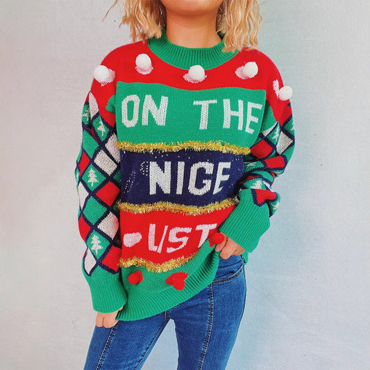Women's Christmas Sweater with Three-Dimensional Motifs and Glittering Accents